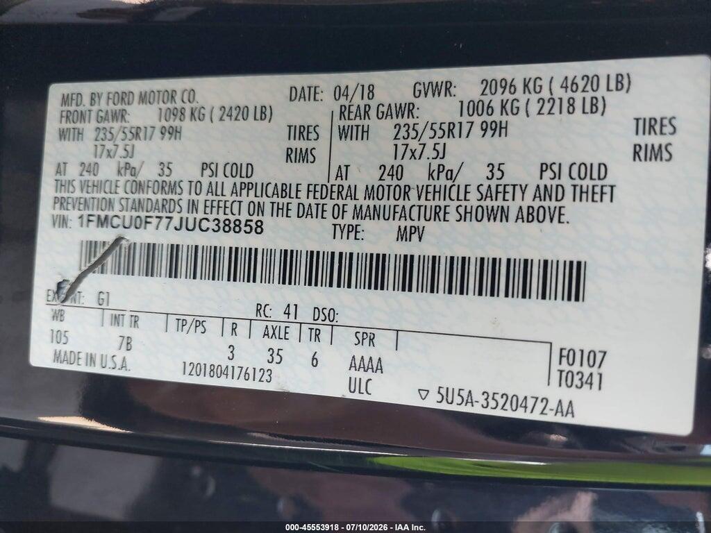 1FMCU0F77JUC38858 2018 FORD ESCAPE photo no. 9