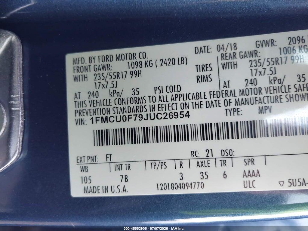 1FMCU0F79JUC26954 2018 FORD ESCAPE photo no. 9