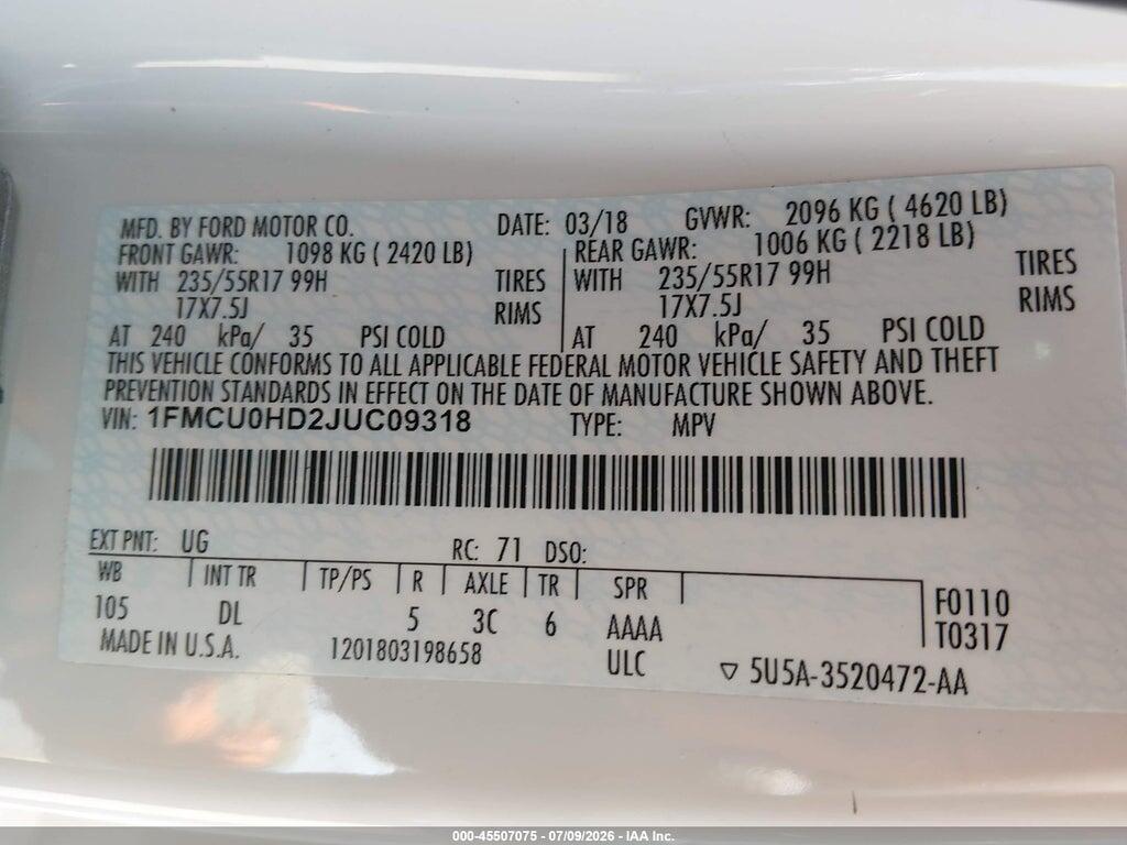 1FMCU0HD2JUC09318 2018 FORD ESCAPE photo no. 9