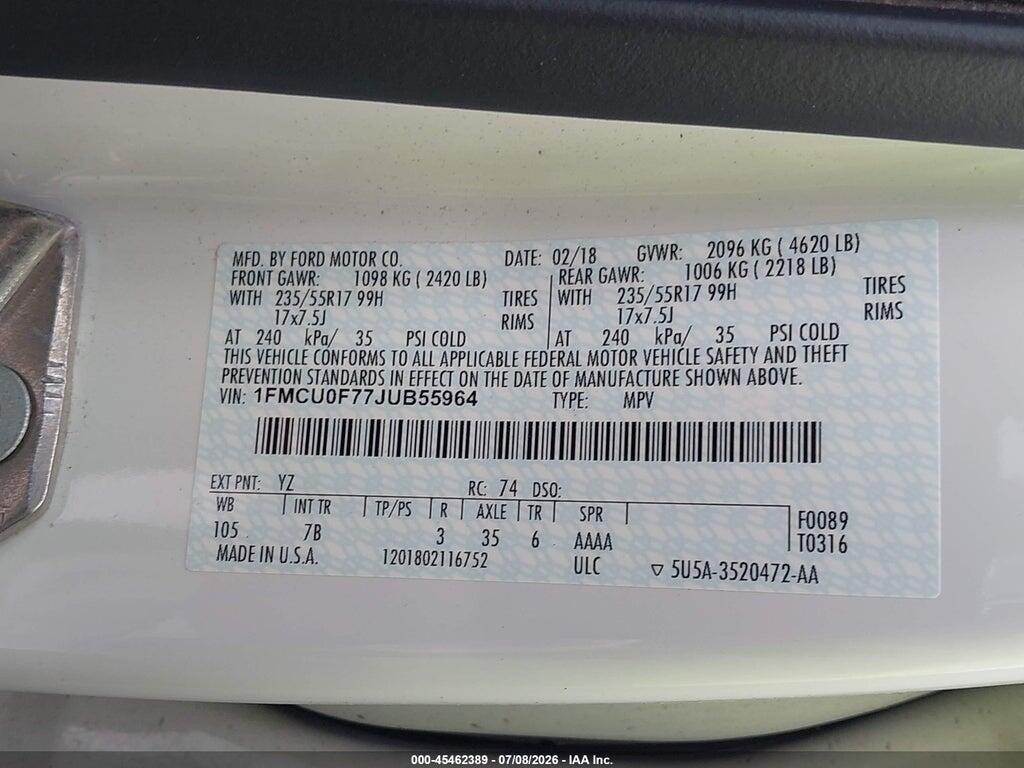 1FMCU0F77JUB55964 2018 FORD ESCAPE photo no. 8