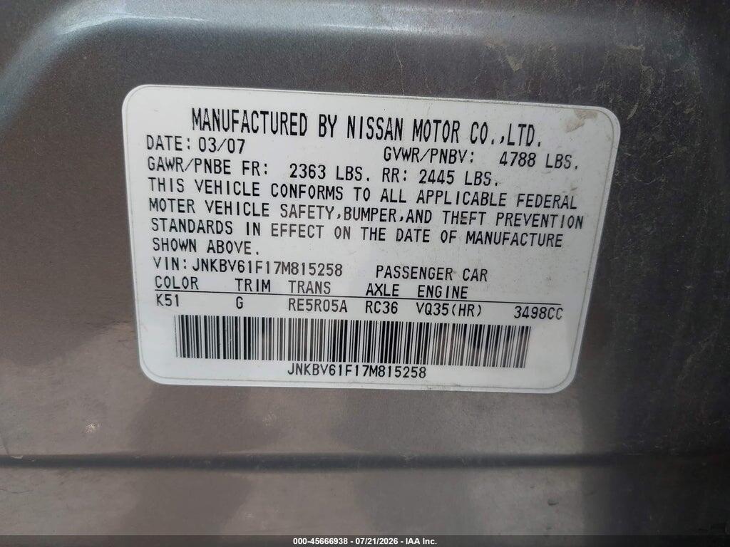 JNKBV61F17M815258 2007 INFINITI G35X photo no. 9