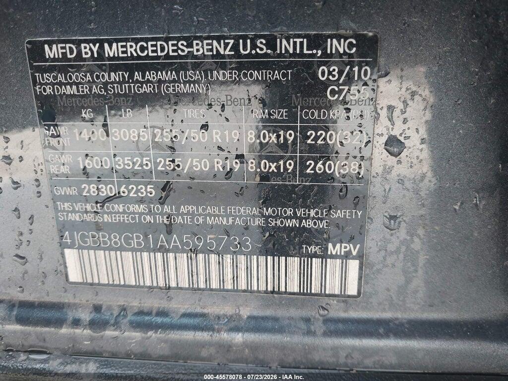 4JGBB8GB1AA595733 2010 MERCEDES-BENZ ML 350 photo no. 9