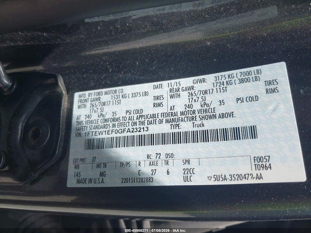 1FTEW1EF0GFA23213 2016 FORD F-150 photo no. 9