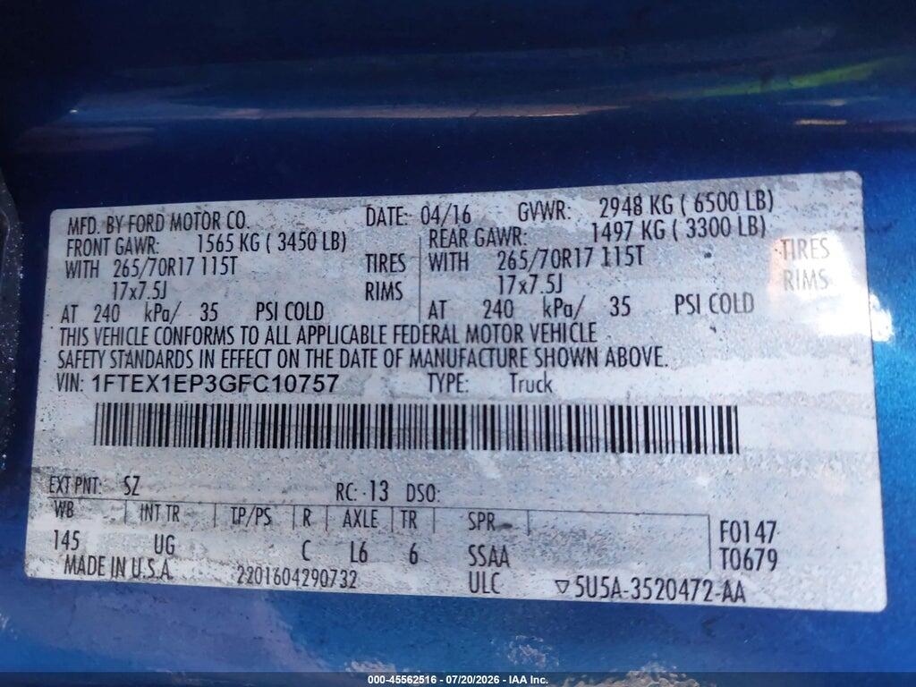 1FTEX1EP3GFC10757 2016 FORD F-150 photo no. 9