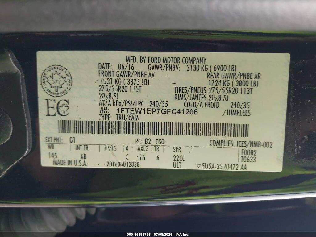 1FTEW1EP7GFC41206 2016 FORD F-150 photo no. 9