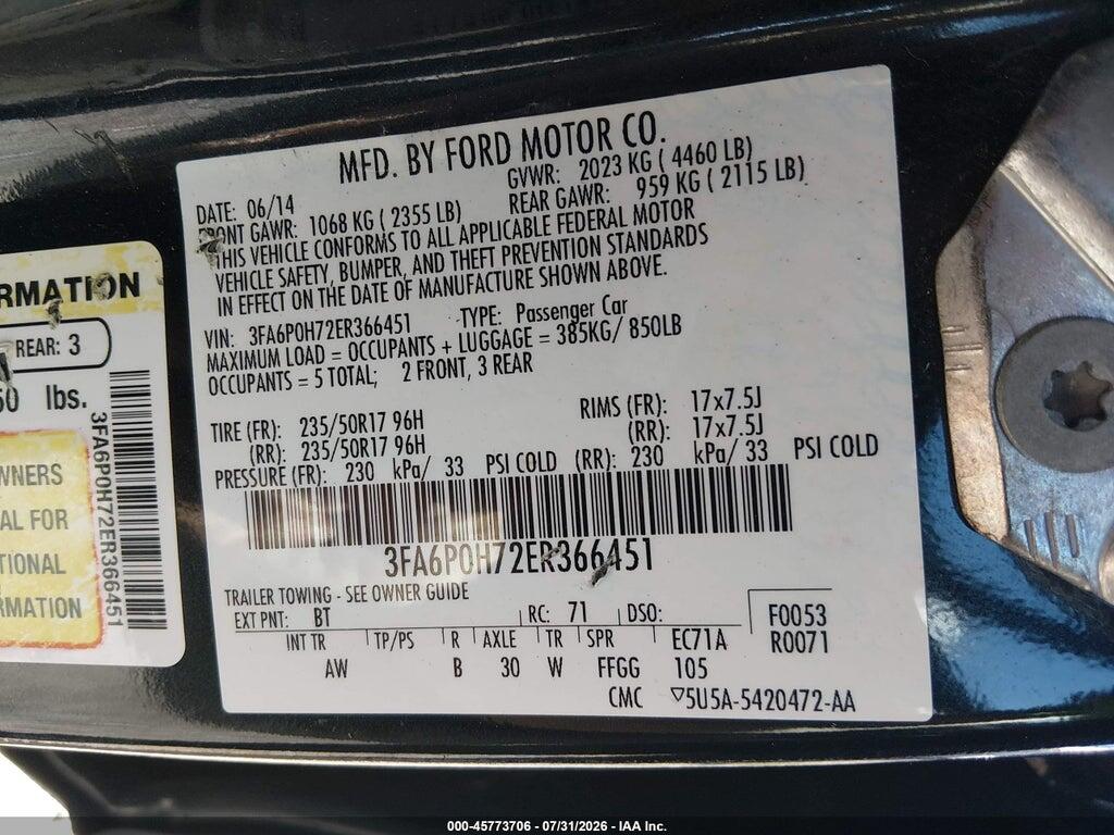 3FA6P0H72ER366451 2014 FORD FUSION photo no. 9