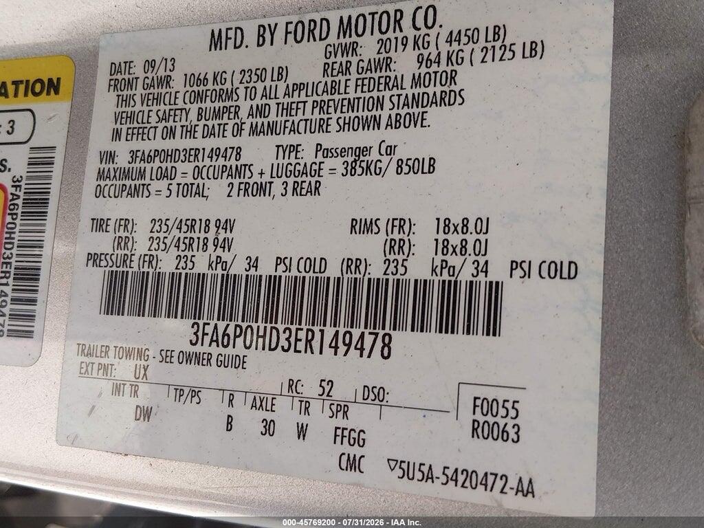 3FA6P0HD3ER149478 2014 FORD FUSION photo no. 9