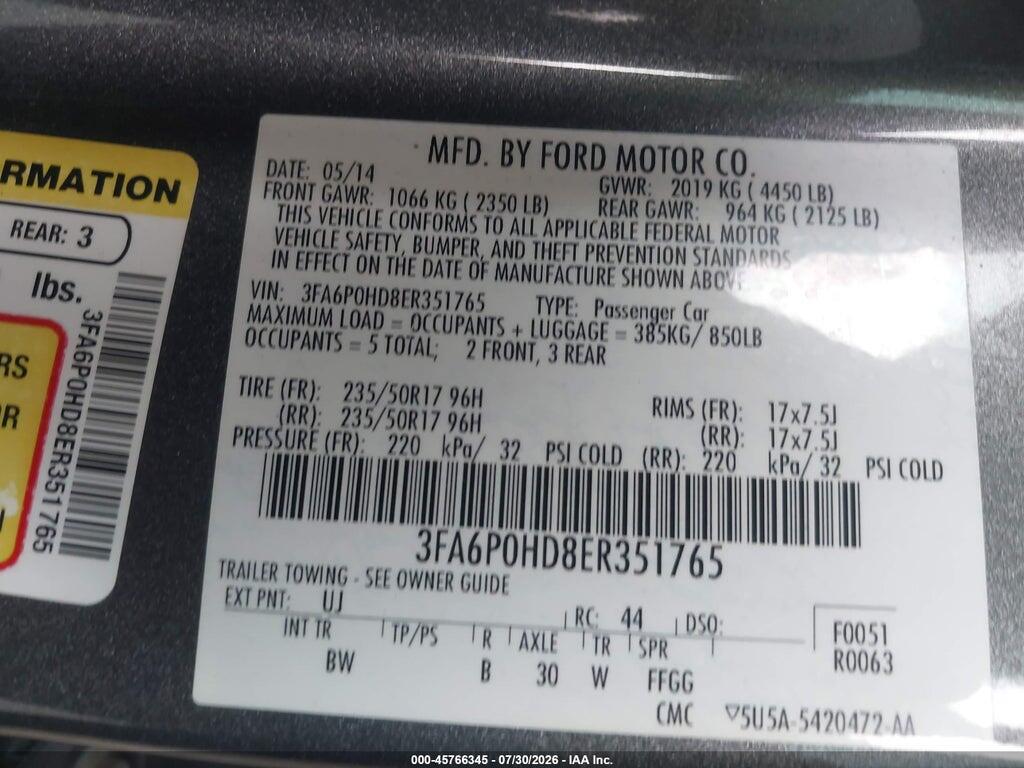 3FA6P0HD8ER351765 2014 FORD FUSION photo no. 9
