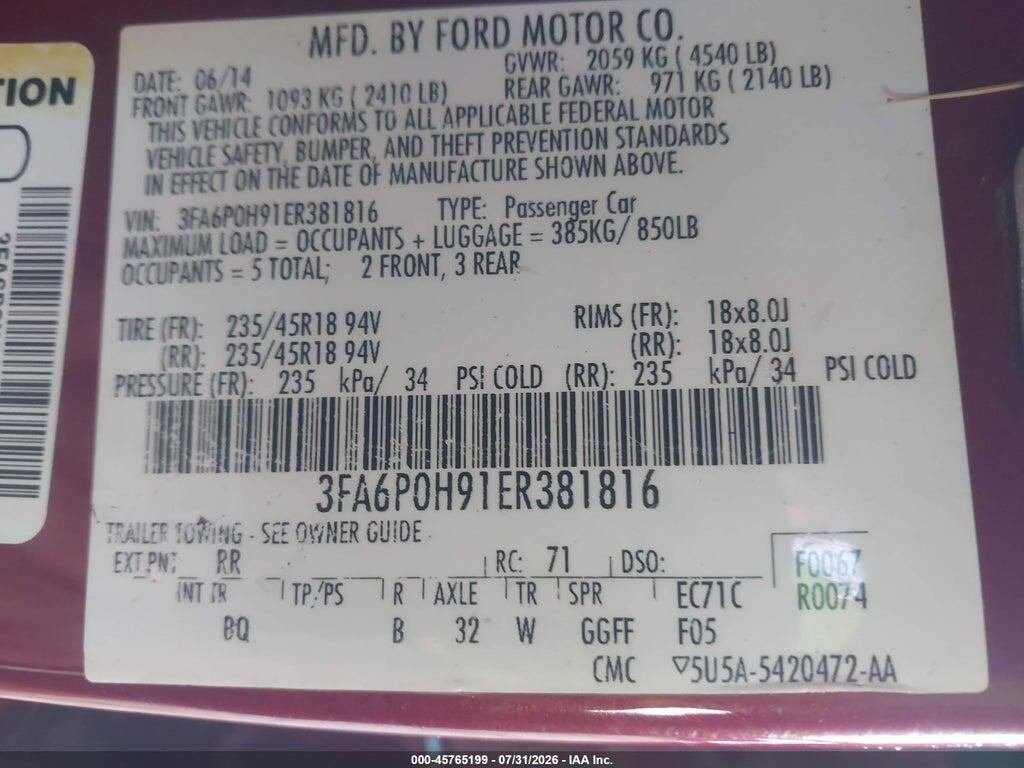 3FA6P0H91ER381816 2014 FORD FUSION photo no. 9