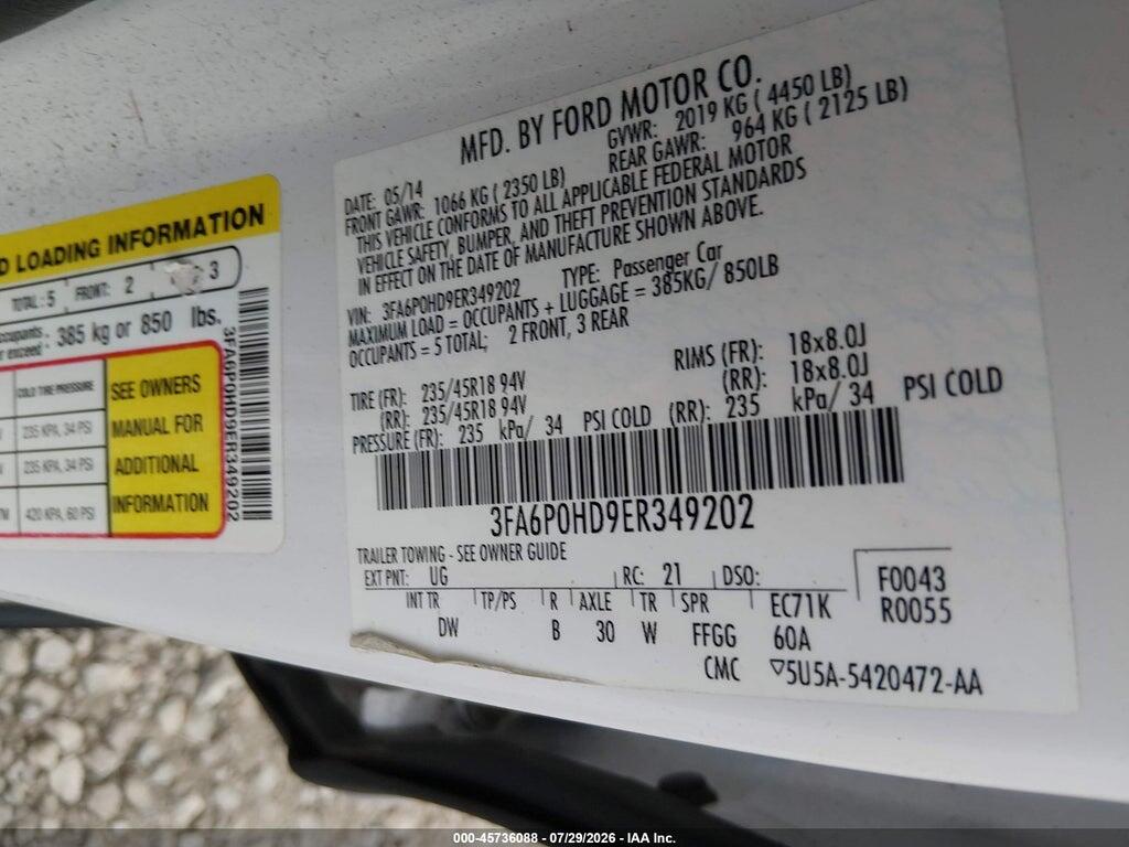 3FA6P0HD9ER349202 2014 FORD FUSION photo no. 9