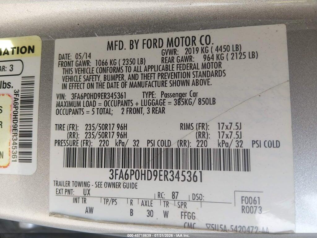 3FA6P0HD9ER345361 2014 FORD FUSION photo no. 9