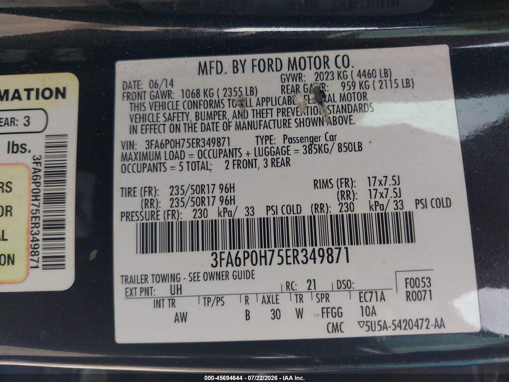 3FA6P0H75ER349871 2014 FORD FUSION photo no. 9