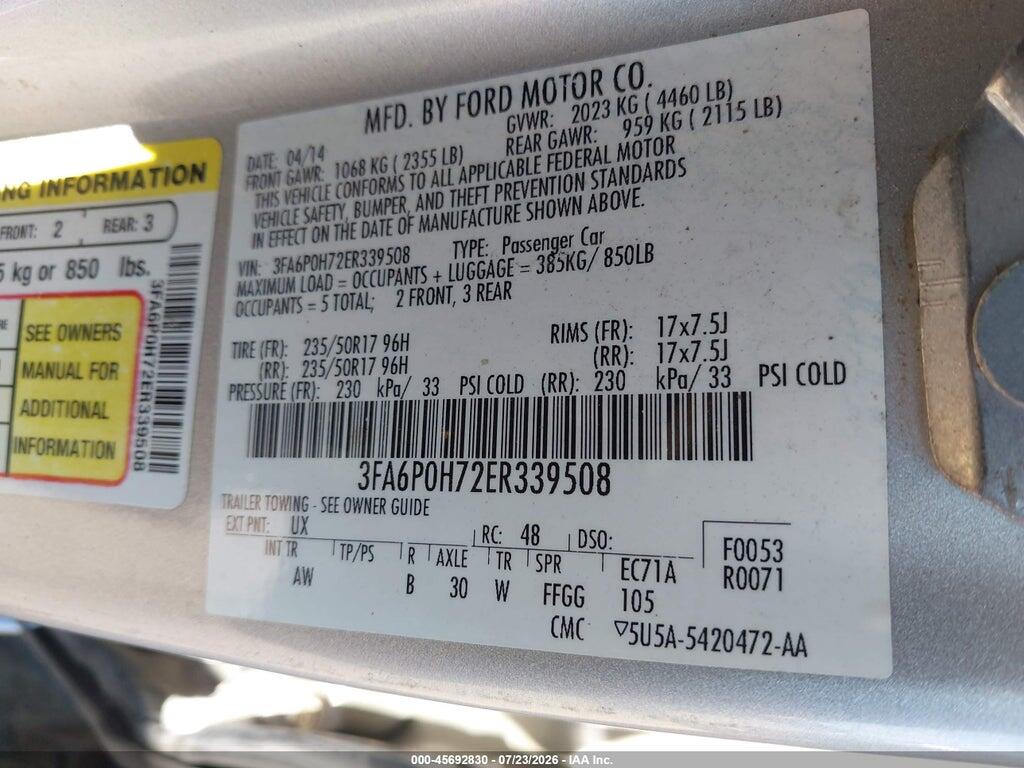 3FA6P0H72ER339508 2014 FORD FUSION photo no. 9