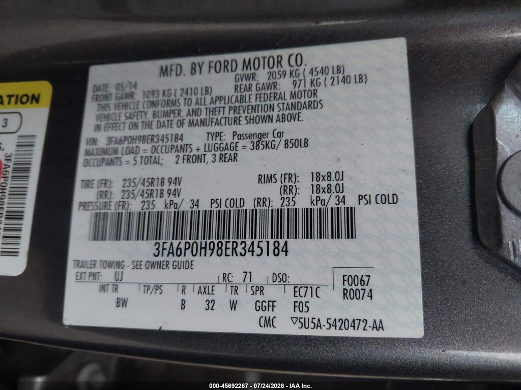 3FA6P0H98ER345184 2014 FORD FUSION photo no. 9