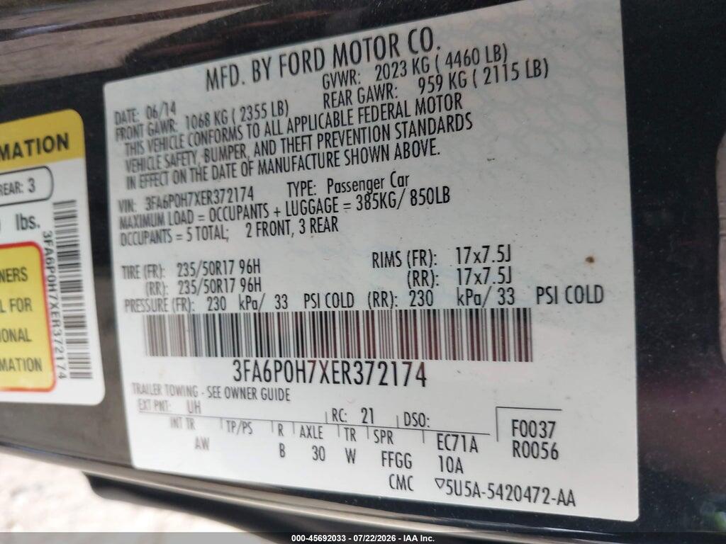 3FA6P0H7XER372174 2014 FORD FUSION photo no. 9