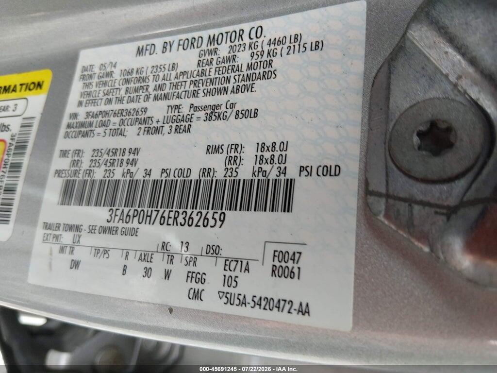 3FA6P0H76ER362659 2014 FORD FUSION photo no. 9