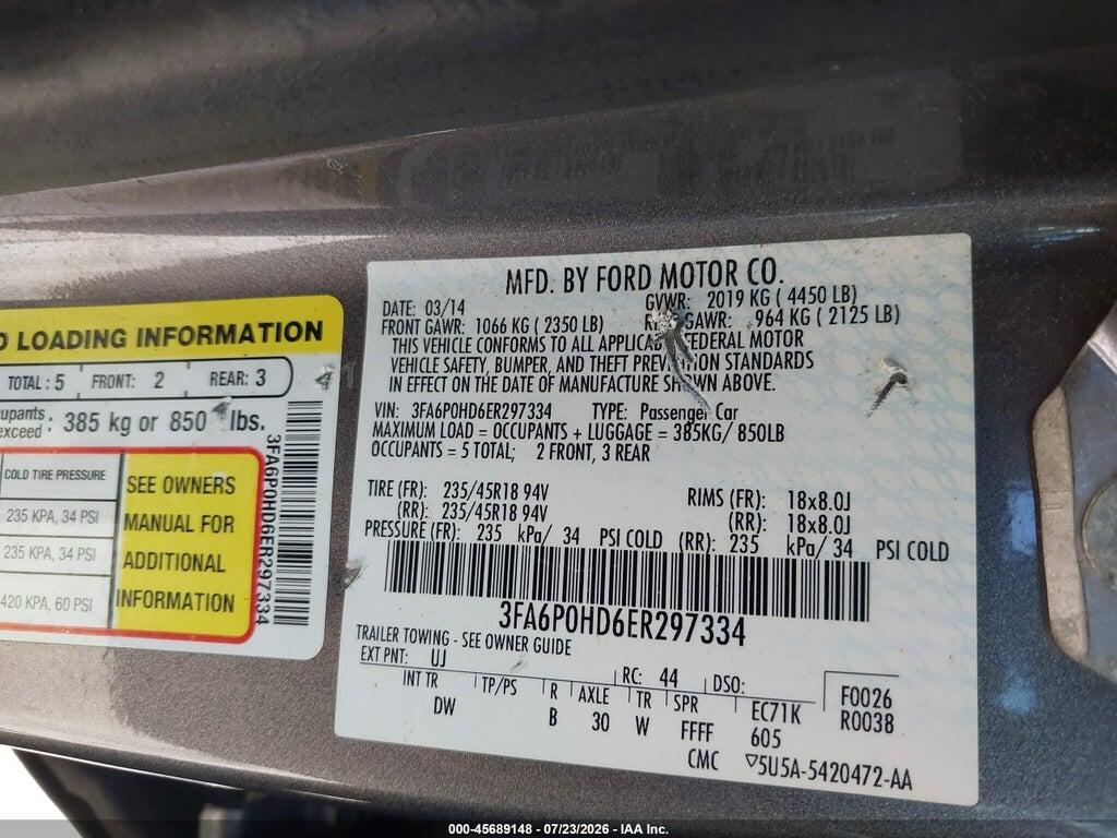 3FA6P0HD6ER297334 2014 FORD FUSION photo no. 9