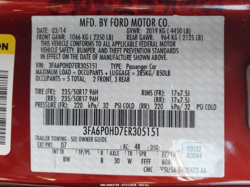 3FA6P0HD7ER305151 2014 FORD FUSION photo no. 9