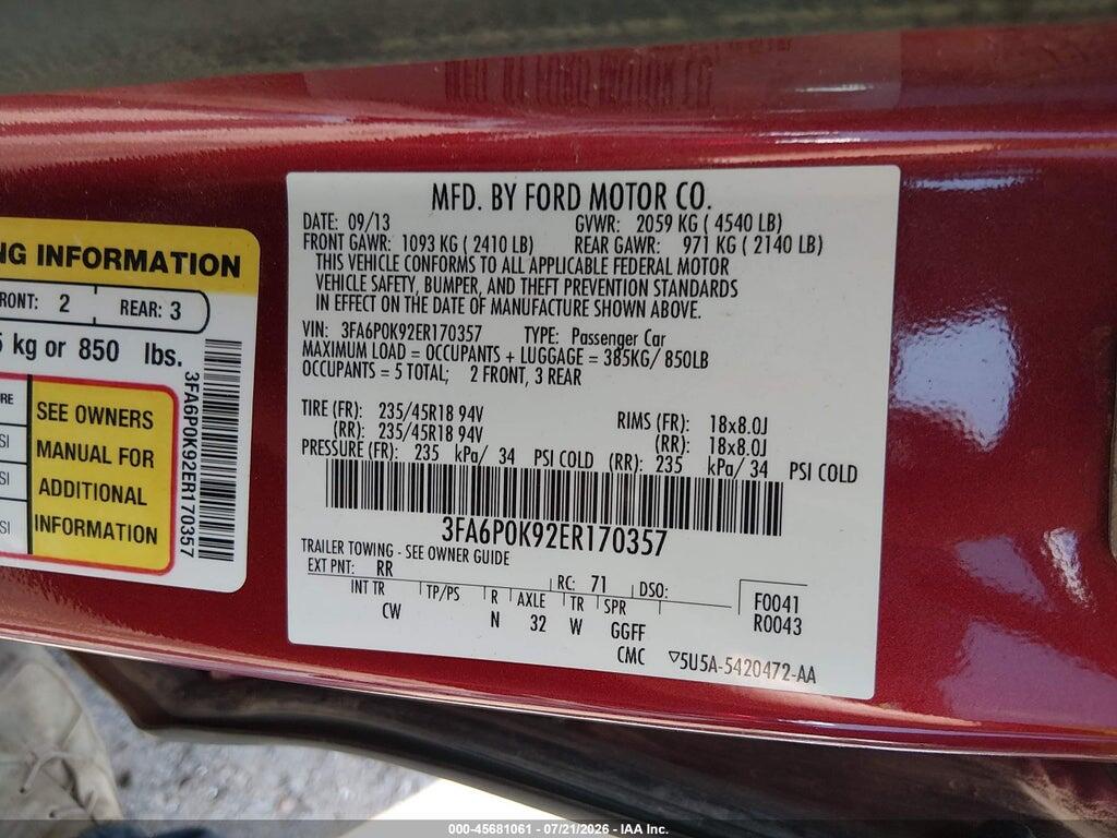 3FA6P0K92ER170357 2014 FORD FUSION photo no. 9