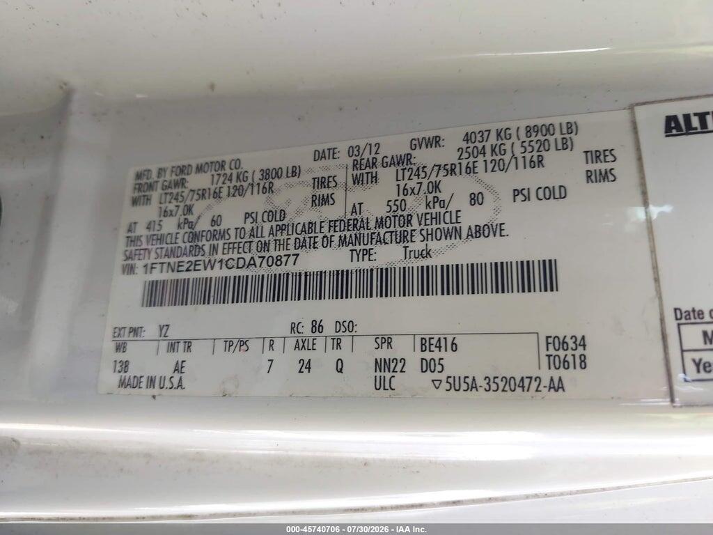 1FTNE2EW1CDA70877 2012 FORD E-250 photo no. 9