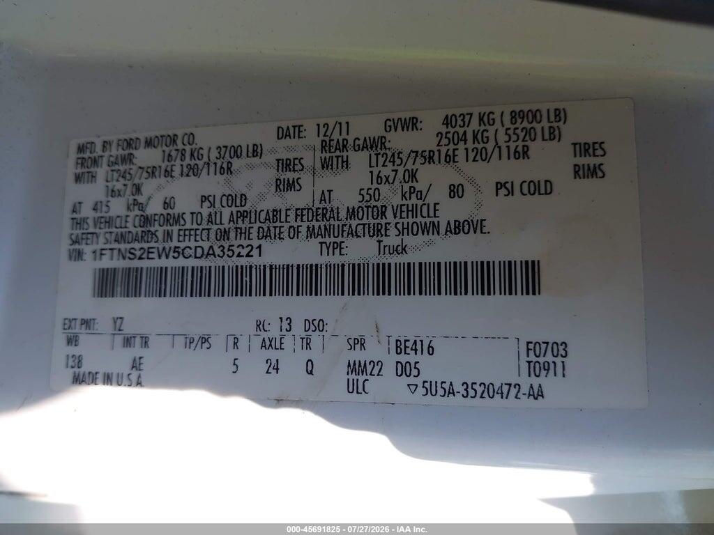1FTNS2EW5CDA35221 2012 FORD E-250 photo no. 9