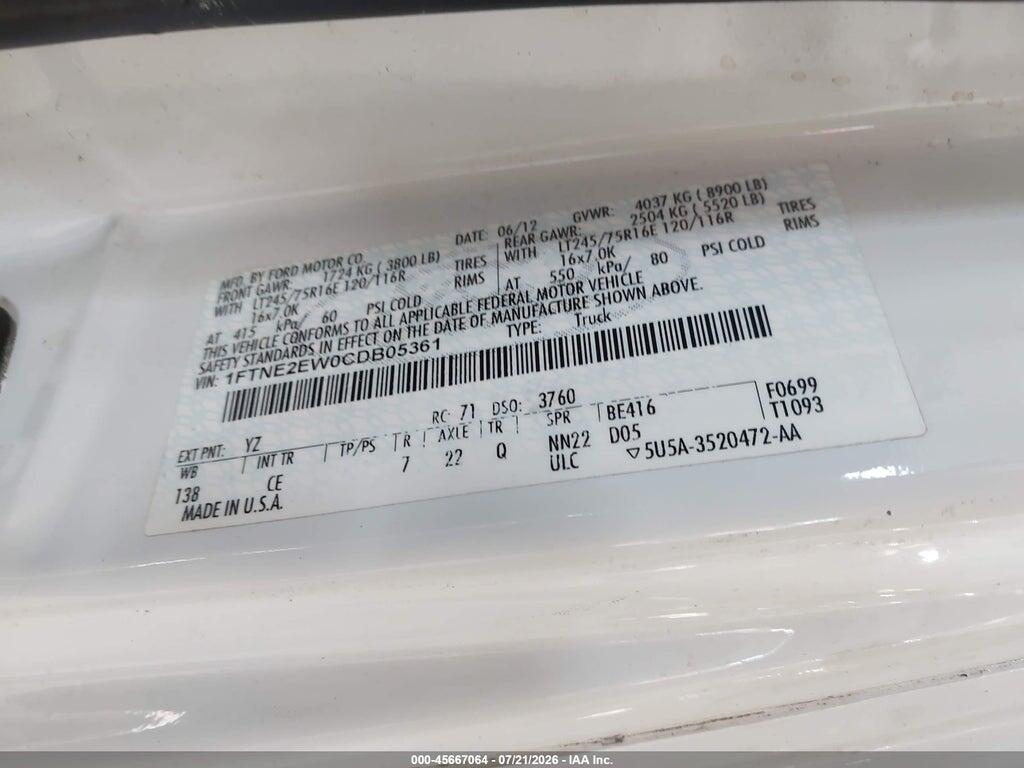1FTNE2EW0CDB05361 2012 FORD E-250 photo no. 9