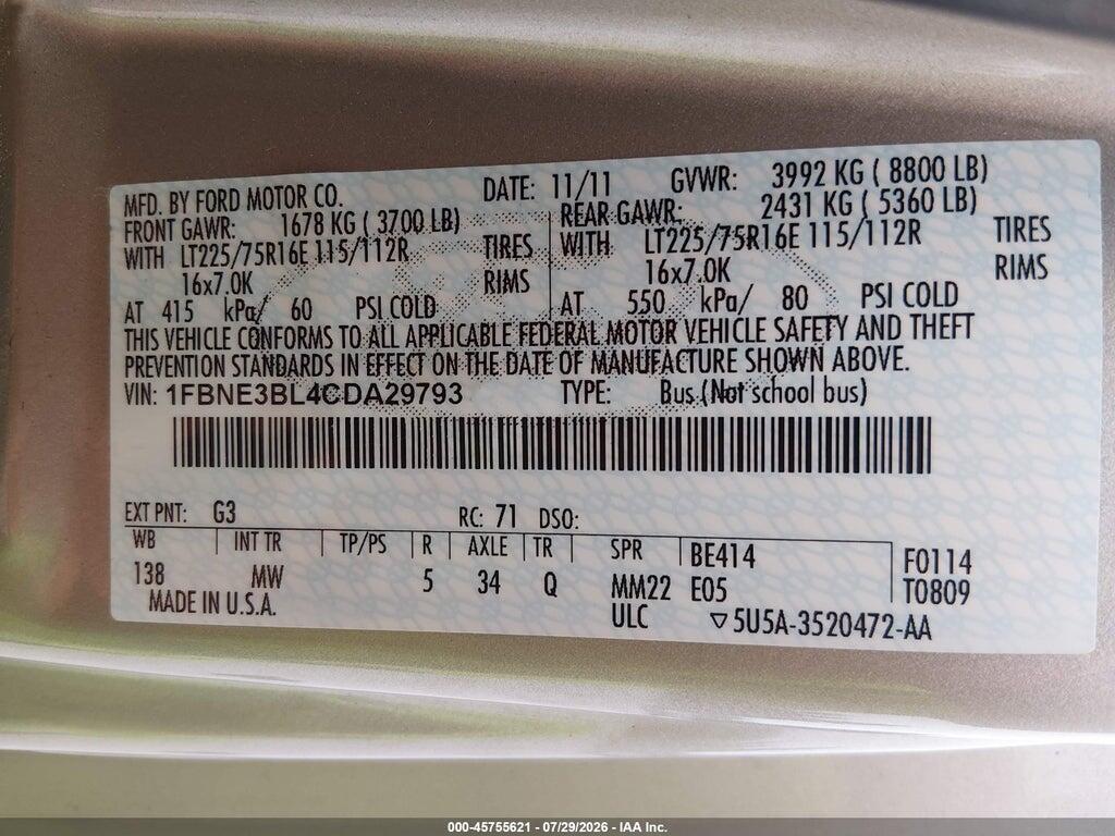 1FBNE3BL4CDA29793 2012 FORD E-350 SUPER DUTY photo no. 9