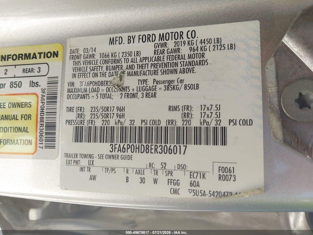 3FA6P0HD8ER306017 2014 FORD FUSION photo no. 9