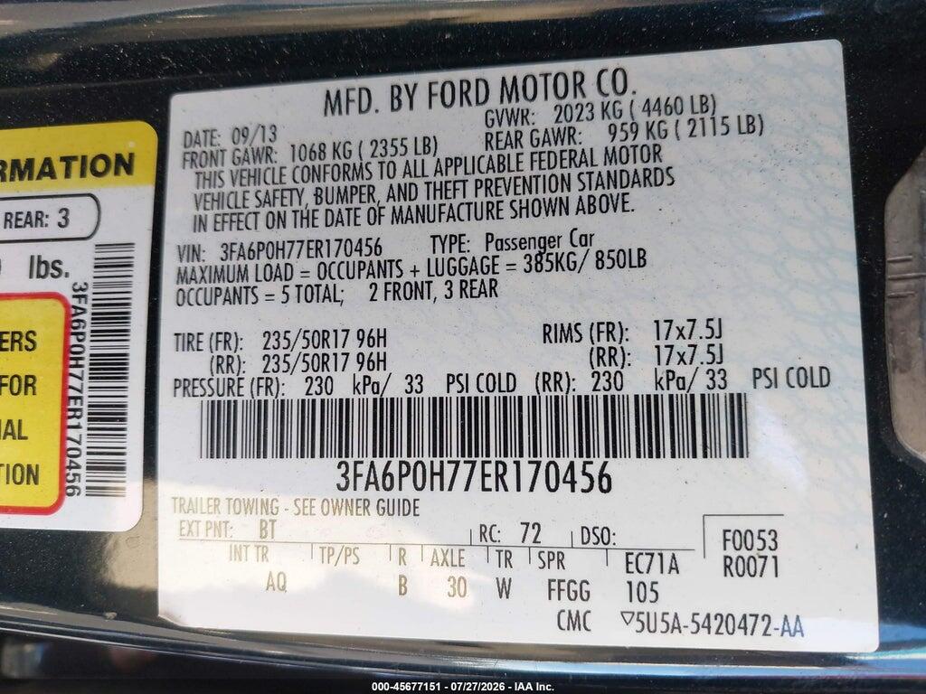 3FA6P0H77ER170456 2014 FORD FUSION photo no. 9