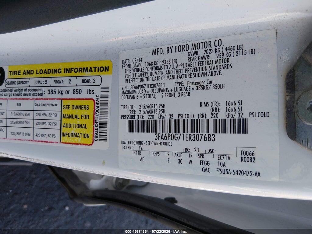 3FA6P0G71ER307683 2014 FORD FUSION photo no. 9