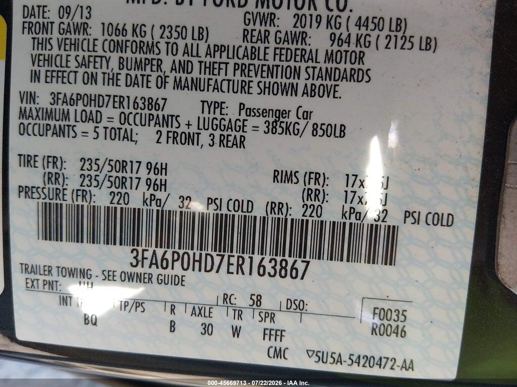 3FA6P0HD7ER163867 2014 FORD FUSION photo no. 9