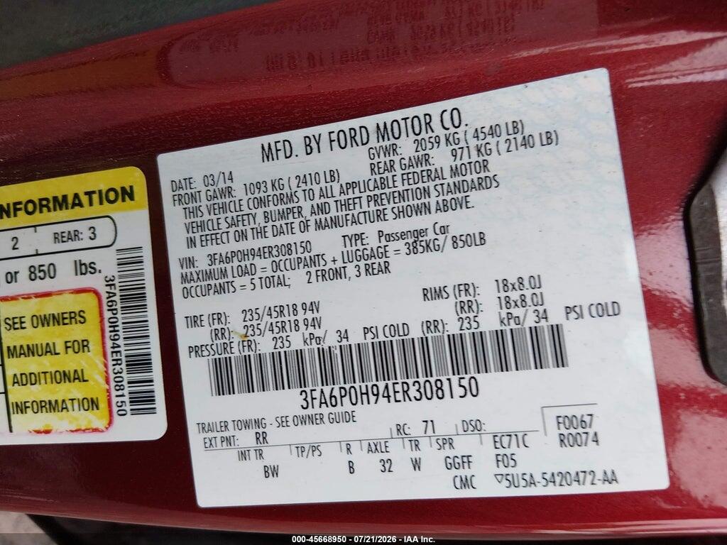 3FA6P0H94ER308150 2014 FORD FUSION photo no. 9
