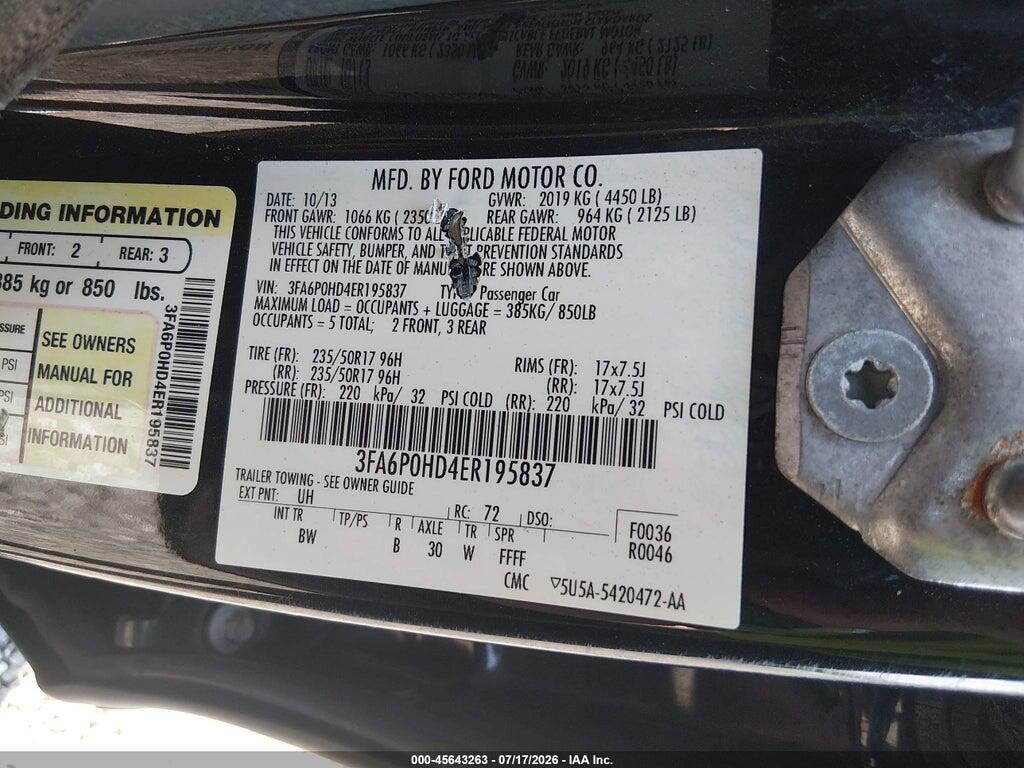 3FA6P0HD4ER195837 2014 FORD FUSION photo no. 9