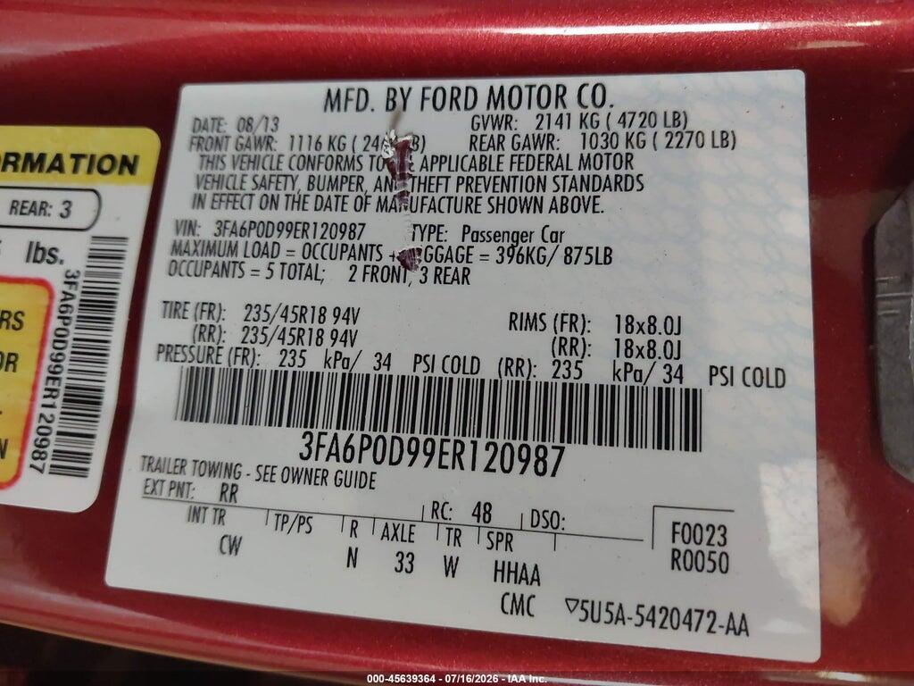 3FA6P0D99ER120987 2014 FORD FUSION photo no. 9