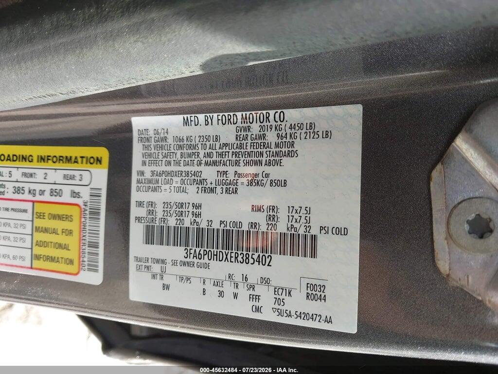 3FA6P0HDXER385402 2014 FORD FUSION photo no. 9