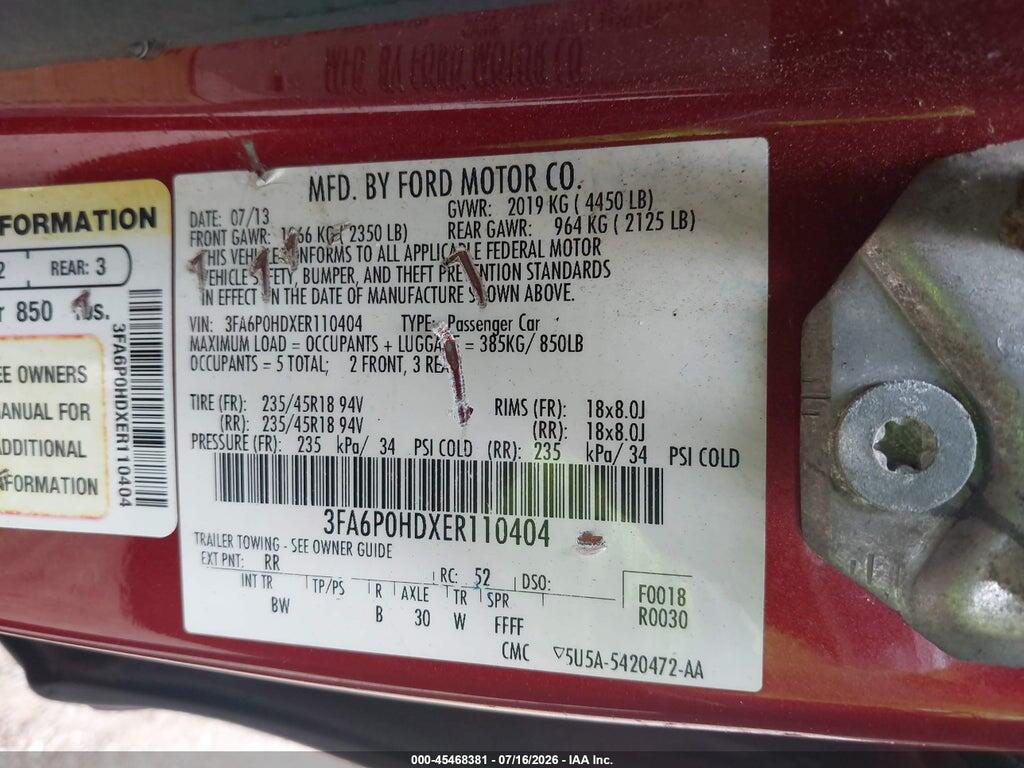 3FA6P0HDXER110404 2014 FORD FUSION photo no. 9