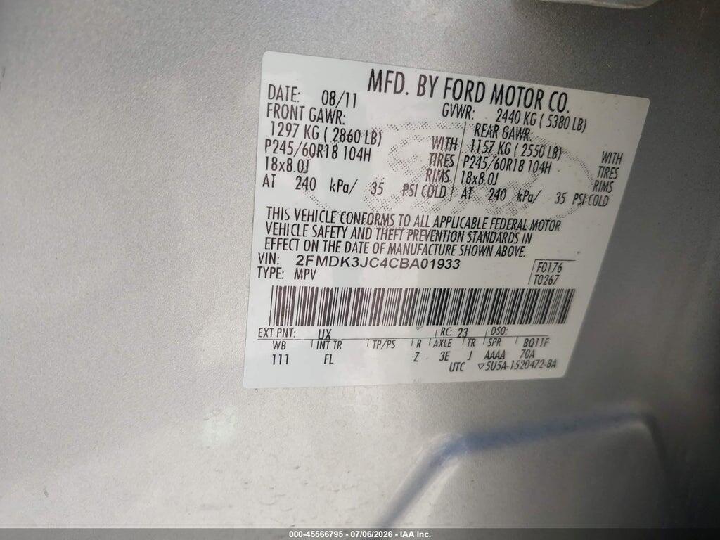 2FMDK3JC4CBA01933 2012 FORD EDGE photo no. 9