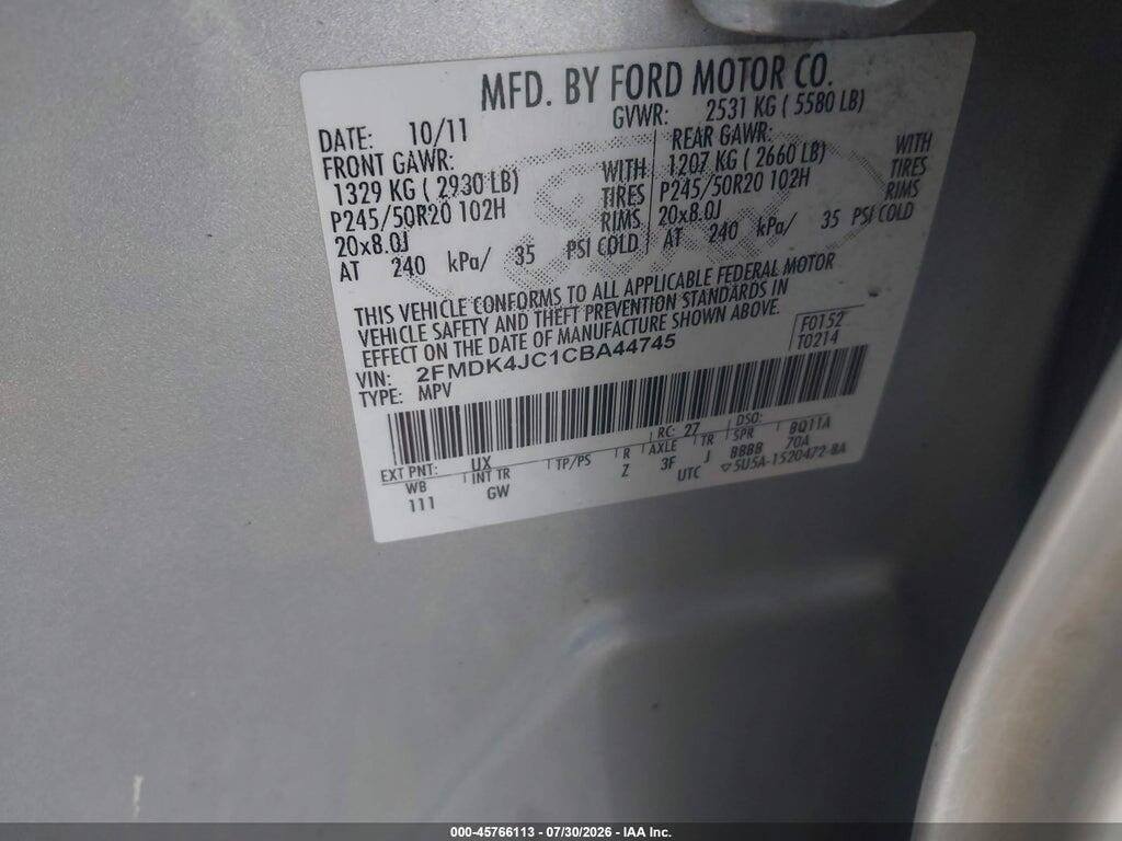 2FMDK4JC1CBA44745 2012 FORD EDGE photo no. 9