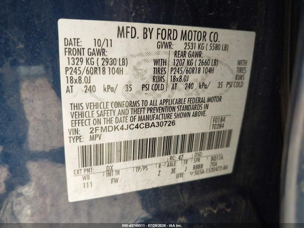 2FMDK4JC4CBA30726 2012 FORD EDGE photo no. 9