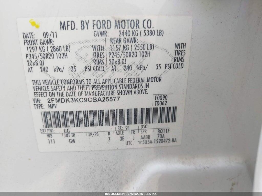 2FMDK3KC9CBA25577 2012 FORD EDGE photo no. 9