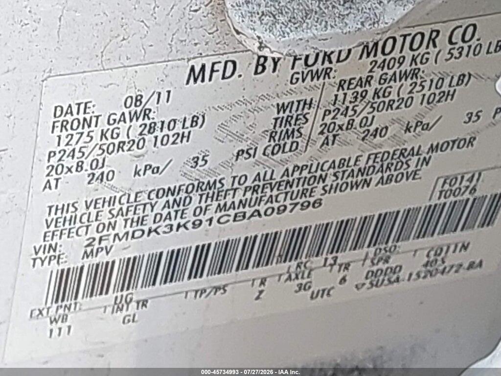 2FMDK3K91CBA09796 2012 FORD EDGE photo no. 9