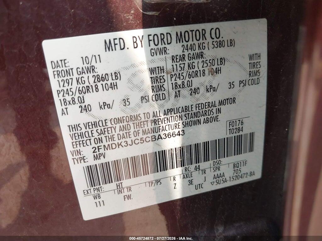 2FMDK3JC5CBA36643 2012 FORD EDGE photo no. 9