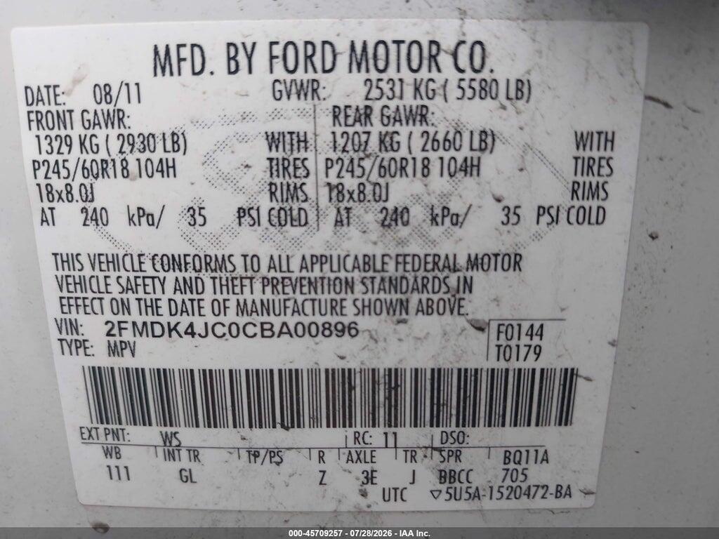 2FMDK4JC0CBA00896 2012 FORD EDGE photo no. 9