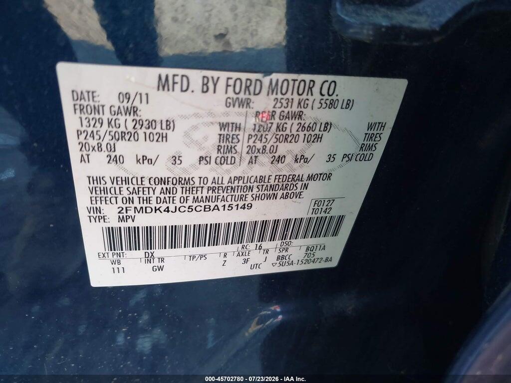 2FMDK4JC5CBA15149 2012 FORD EDGE photo no. 9