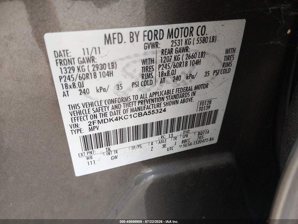 2FMDK4KC1CBA55324 2012 FORD EDGE photo no. 9