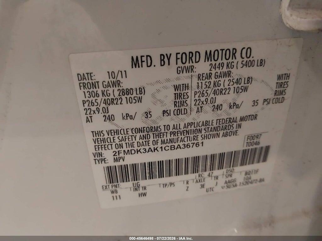 2FMDK3AK1CBA36761 2012 FORD EDGE photo no. 9