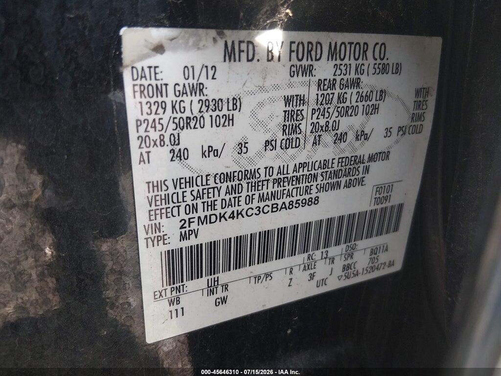 2FMDK4KC3CBA85988 2012 FORD EDGE photo no. 9