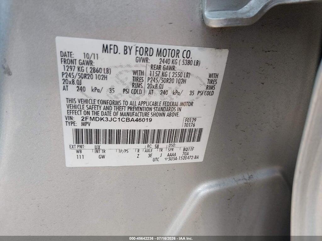 2FMDK3JC1CBA46019 2012 FORD EDGE photo no. 9