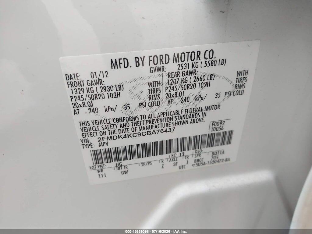 2FMDK4KC9CBA76437 2012 FORD EDGE photo no. 9