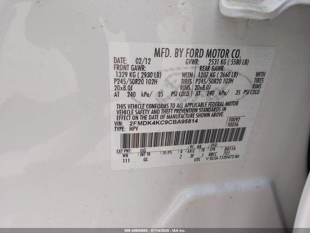 2FMDK4KC9CBA95814 2012 FORD EDGE photo no. 9